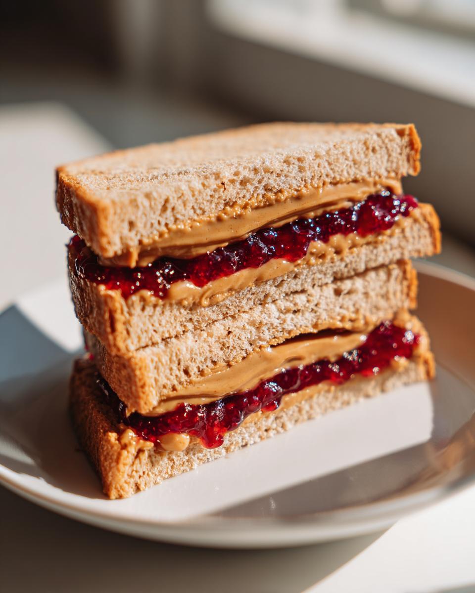 A stack of three homemade freezer PB&J sandwiches on whole wheat bread, filled with peanut butter and jelly.
