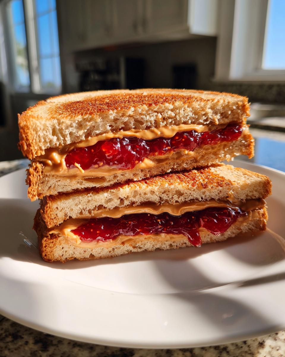 Two homemade freezer PB&J sandwiches stacked on a white plate, showing peanut butter and jelly filling.