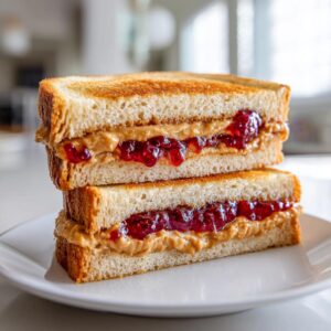 Two homemade freezer PB&J sandwiches stacked on a white plate, showing peanut butter and jelly filling.