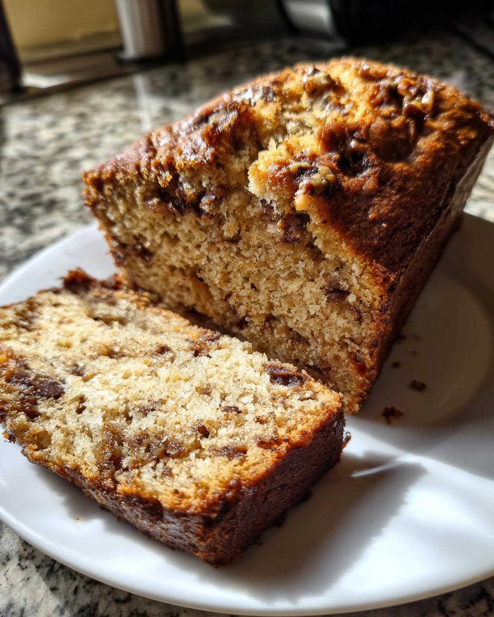 A loaf of ice cream bread with a slice cut, showing the texture and chocolate chips.