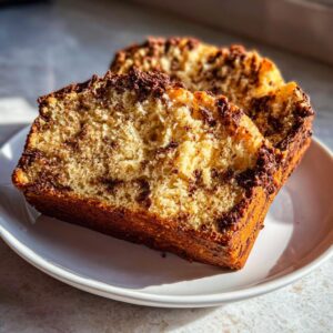 Two slices of homemade ice cream bread on a white plate, showing the texture and chocolate chips.