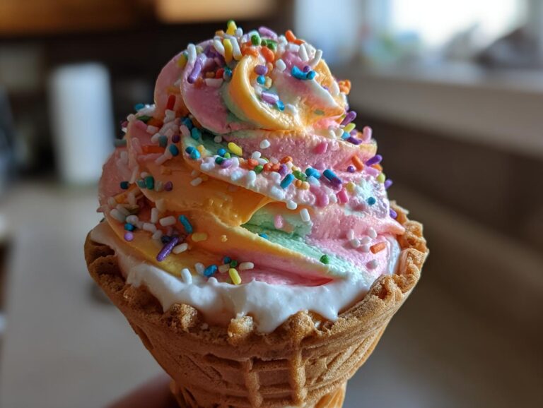 A vibrant ice cream cone cupcake with colorful frosting and sprinkles. A fun and easy treat!