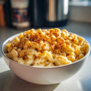 A bowl of creamy Instant Pot mac and cheese, topped with a sprinkle of spices.