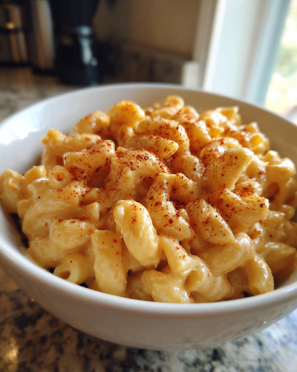 A bowl of creamy Instant Pot mac and cheese, topped with a sprinkle of paprika.