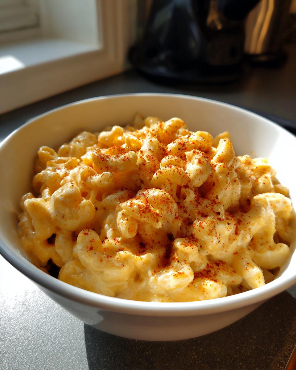 Bowl of creamy Instant Pot mac and cheese, topped with paprika, ready to eat.