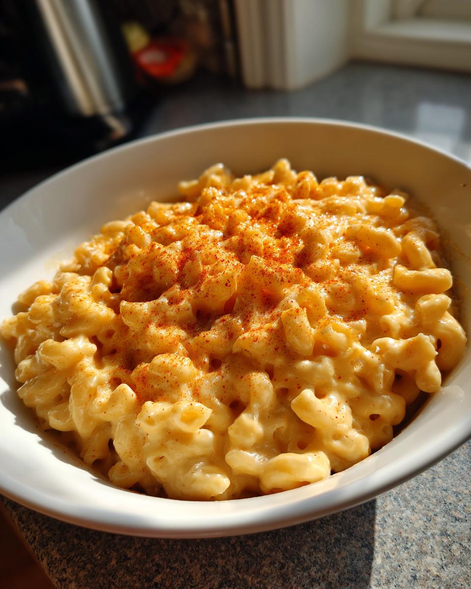 A bowl of creamy Instant Pot mac and cheese, topped with a sprinkle of paprika.