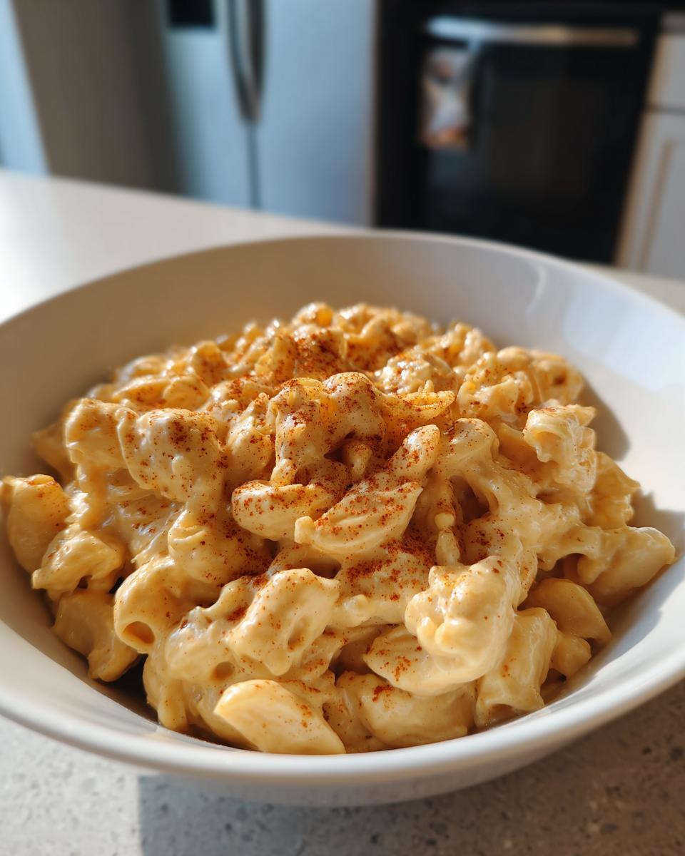 A bowl of creamy Instant Pot mac and cheese, sprinkled with paprika, sits on a countertop.