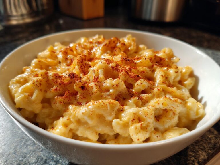 A bowl of creamy Instant Pot mac and cheese, topped with a sprinkle of paprika.
