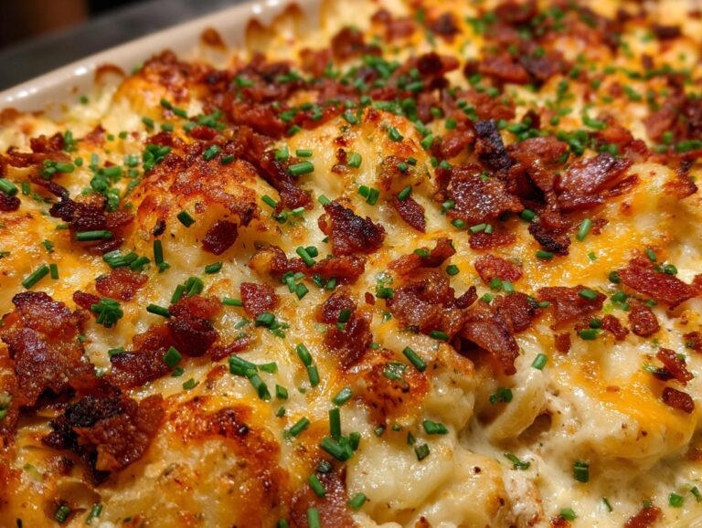 Overhead view of a creamy jalapeno popper chicken casserole topped with bacon and chives.