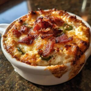 Close-up of creamy jalapeno popper dip in a white bowl, topped with crispy bacon pieces.