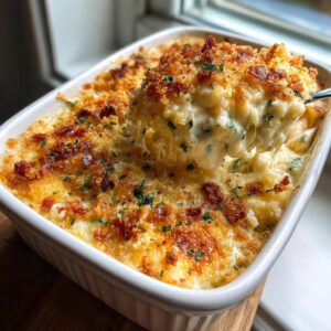 Baked jalapeño popper dip with a golden crust being scooped from a white baking dish.
