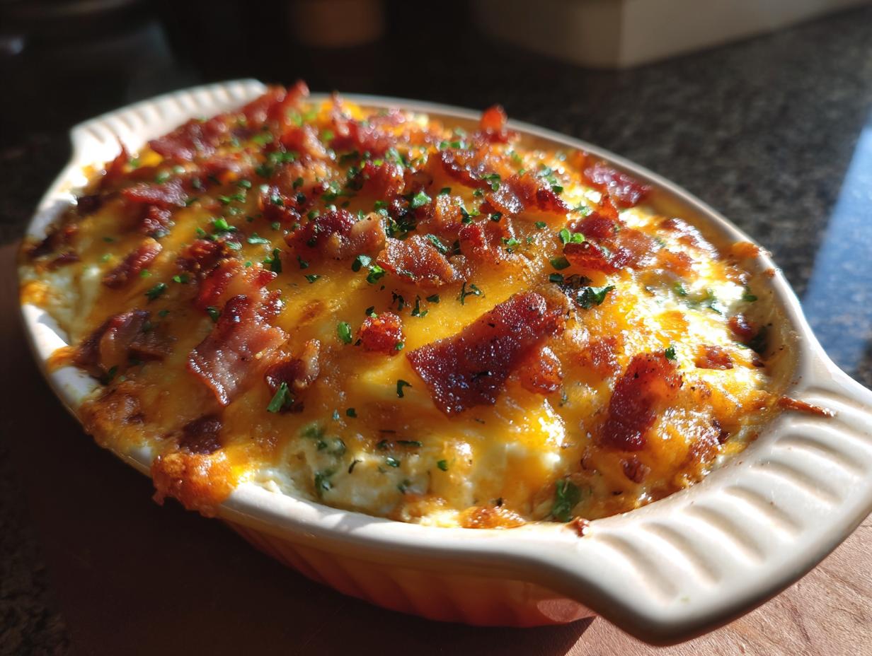 Delicious baked Jalapeno popper dip in a dish, topped with melted cheese, bacon, and herbs.