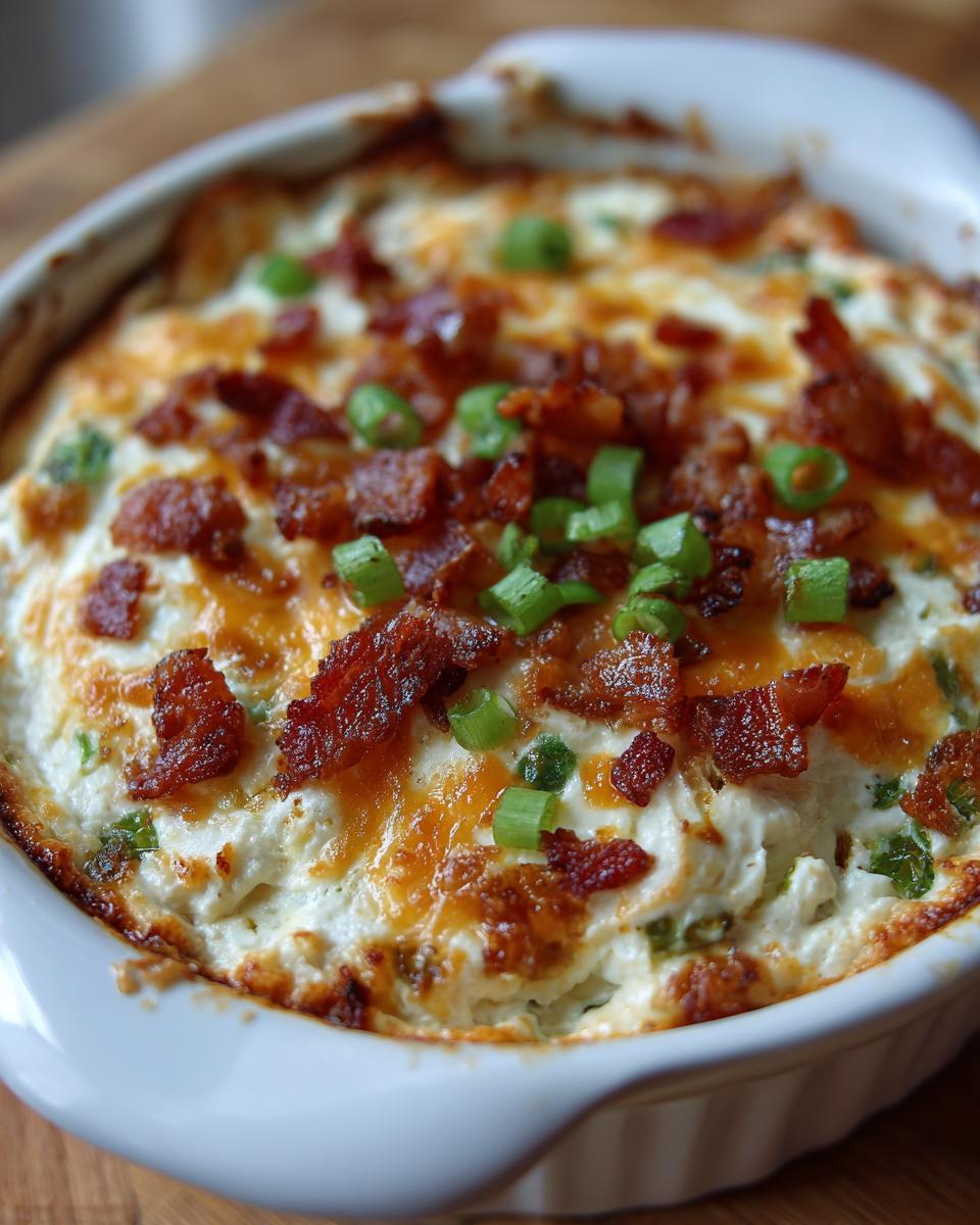 Close-up of baked jalapeno popper dip in a white dish, topped with bacon and green onions.