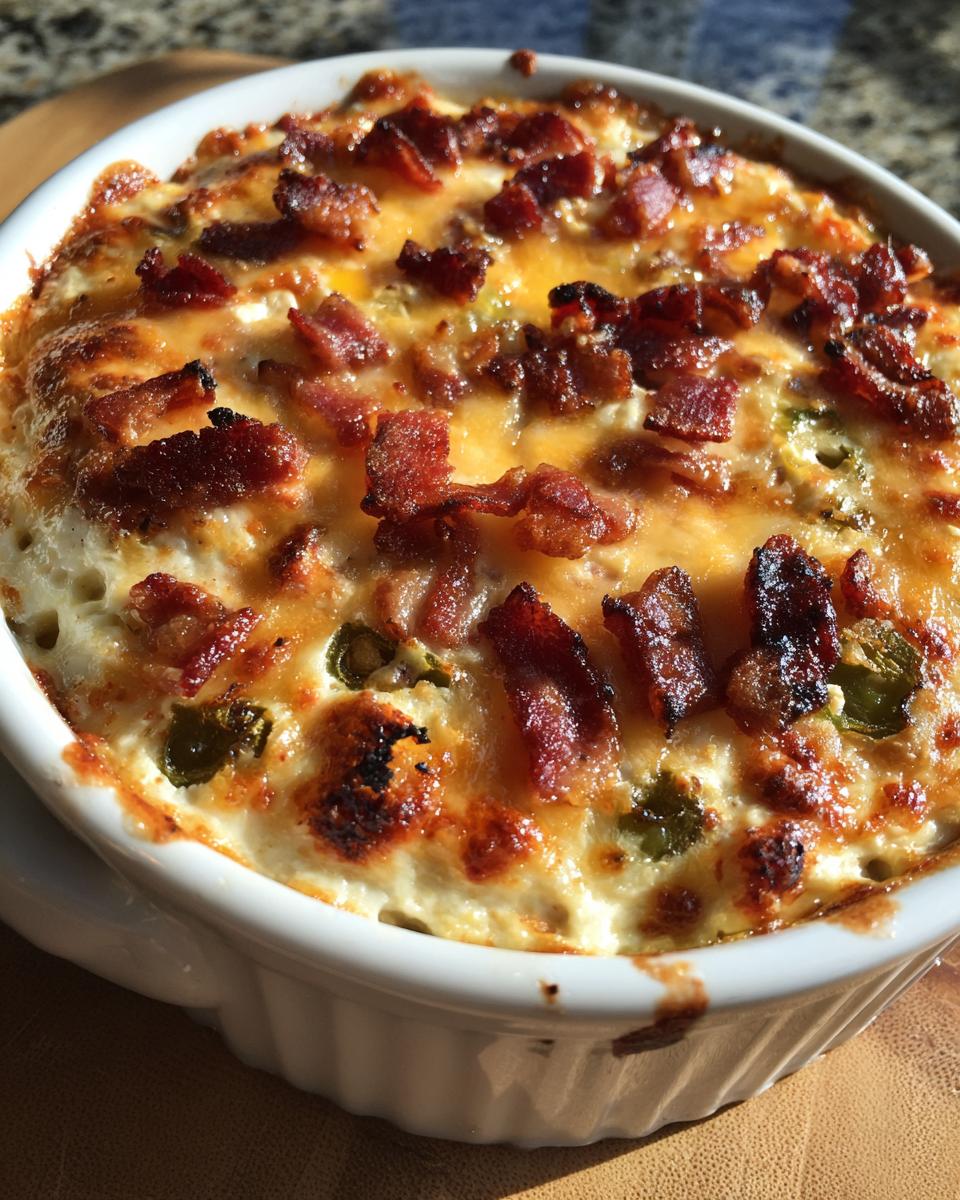 Close-up of a baked Jalapeno popper dip in a white dish, topped with melted cheese and crispy bacon pieces.