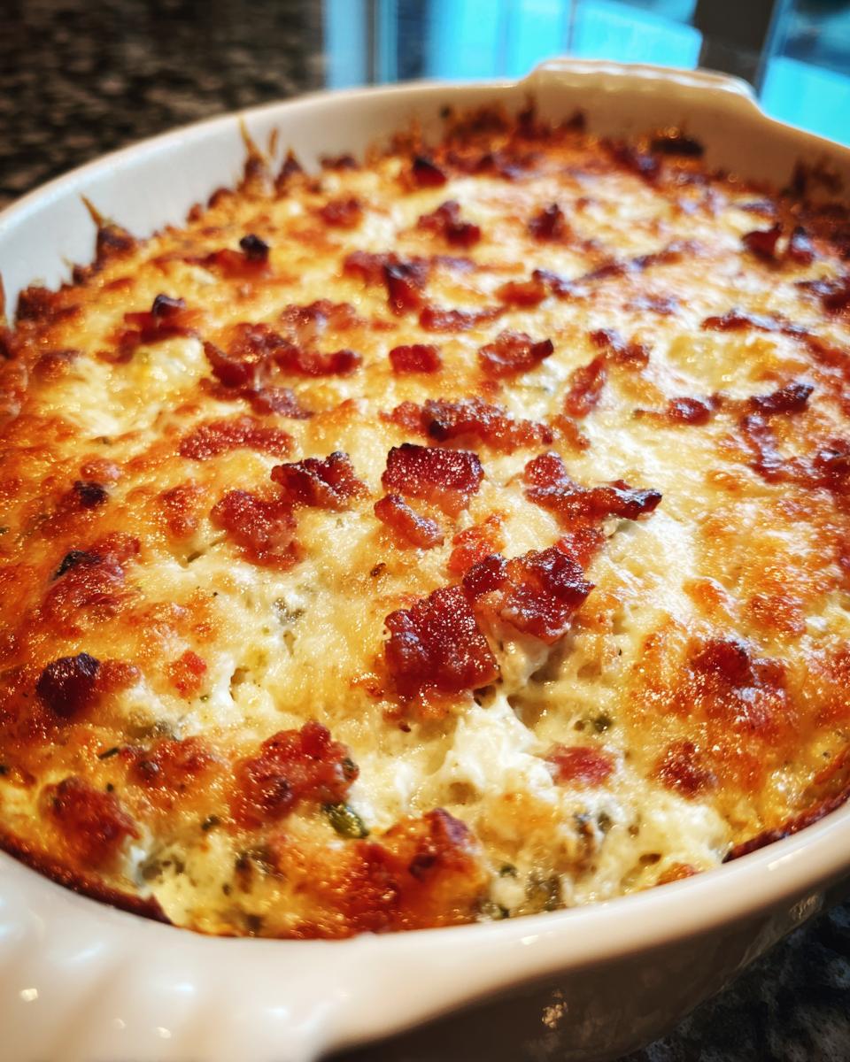 Delicious baked jalapeno popper dip in a dish, topped with crispy bacon bits.