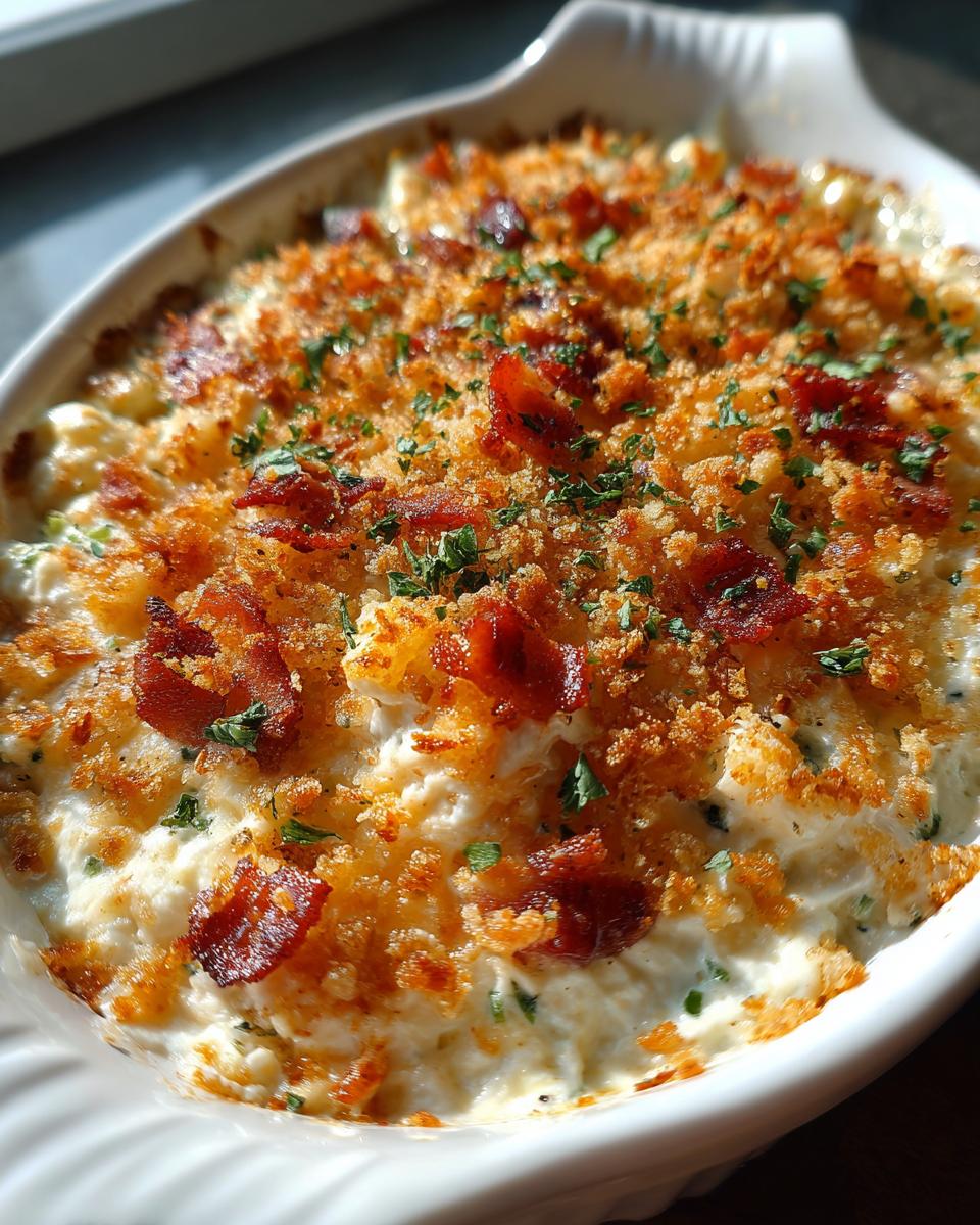 Close-up of a creamy jalapeño popper dip topped with bacon and breadcrumbs in a white baking dish.