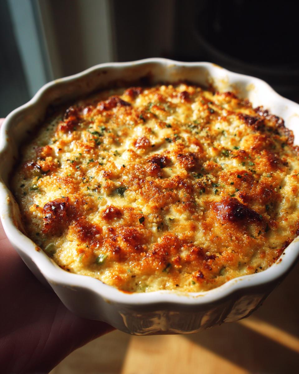 Close-up of a freshly baked Jalapeño popper dip in a white dish, showing golden-brown topping and creamy filling.