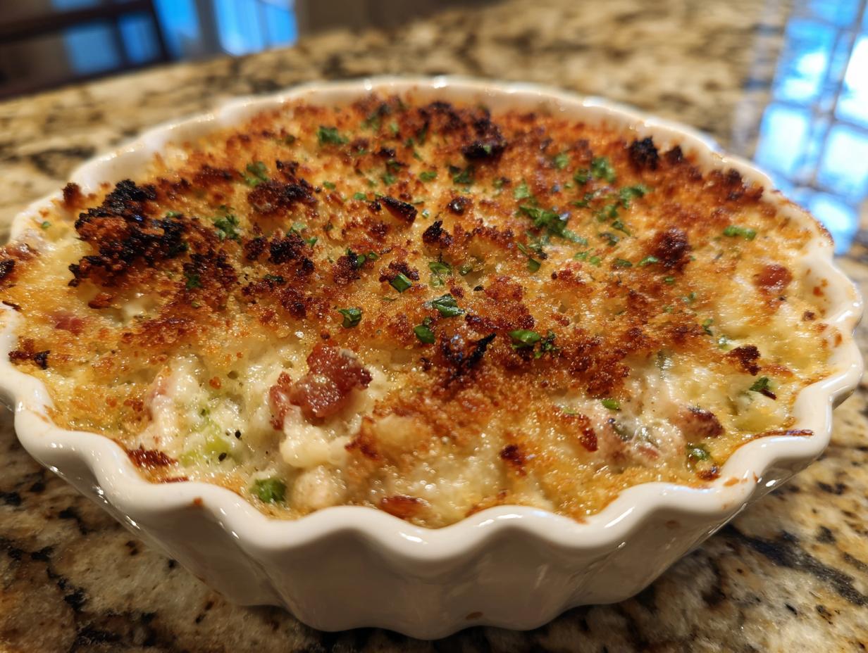 Close-up of baked Jalapeño popper dip in a white dish, topped with a golden crust and herbs.