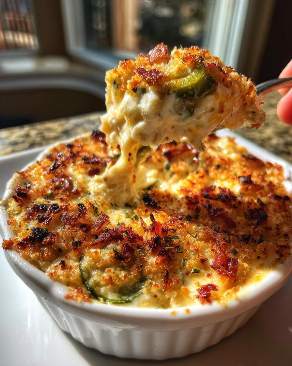 Scoop of creamy jalapeño popper dip with melted cheese, bacon, and jalapeños being lifted from a ramekin.