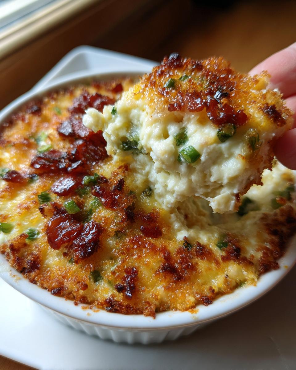 Hand scooping a portion of cheesy jalapeño popper dip with bacon bits from a white dish.