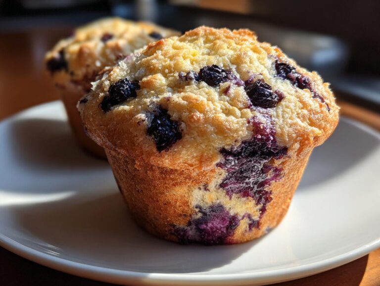 Two jumbo blueberry lemon muffins on a white plate, showcasing their golden tops and juicy blueberries.