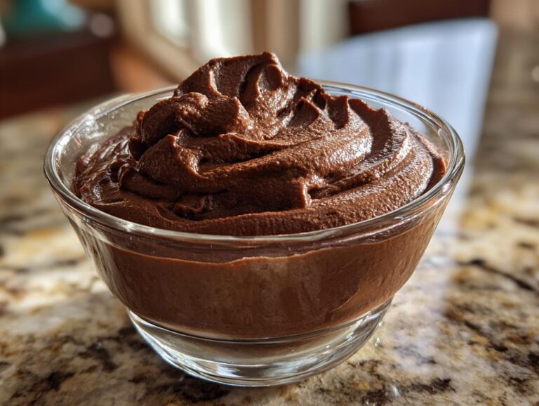 A serving of rich keto chocolate mousse in a clear glass bowl, showcasing its smooth texture.