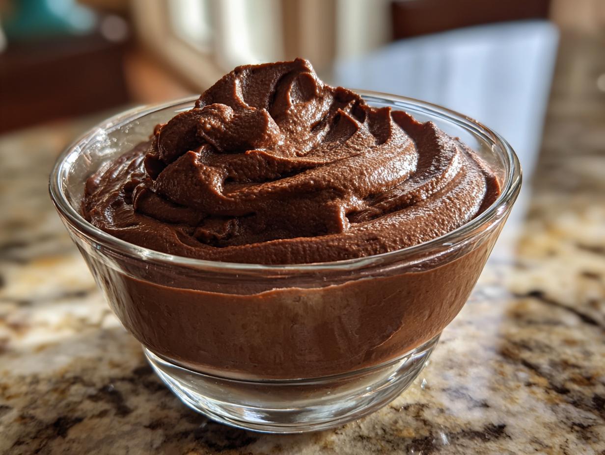 A serving of rich keto chocolate mousse in a clear glass bowl, showcasing its smooth texture.