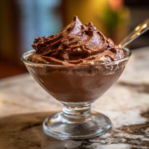A glass dish filled with rich, decadent Keto chocolate mousse, topped with chocolate shavings and a spoon.