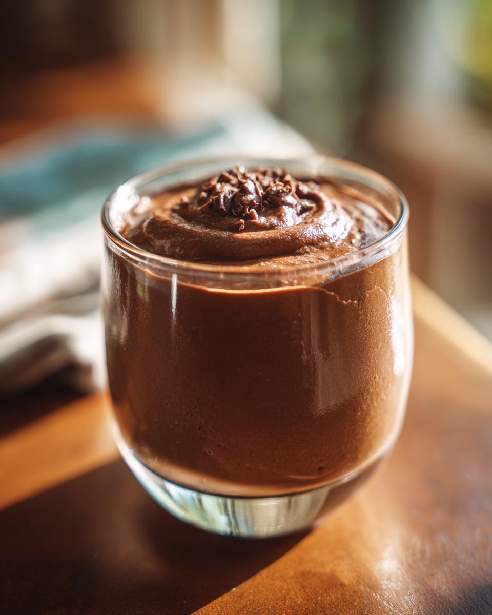 A glass filled with rich, creamy Keto chocolate mousse, topped with chocolate shavings.