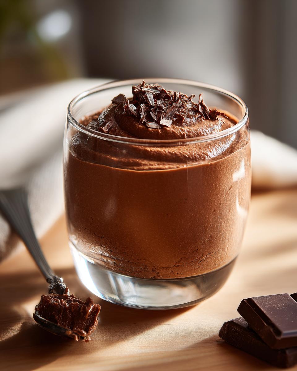 A glass filled with creamy keto chocolate mousse, topped with chocolate shavings, next to a spoonful and chocolate pieces.