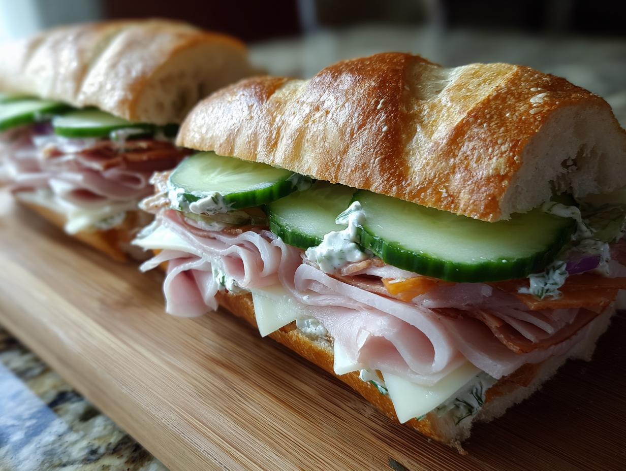 Two Keto Cucumber sub sandwiches with ham, cheese, and creamy sauce on a wooden board.