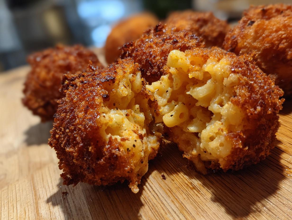 Close-up of crispy mac and cheese bites, one cut open to show the cheesy interior.