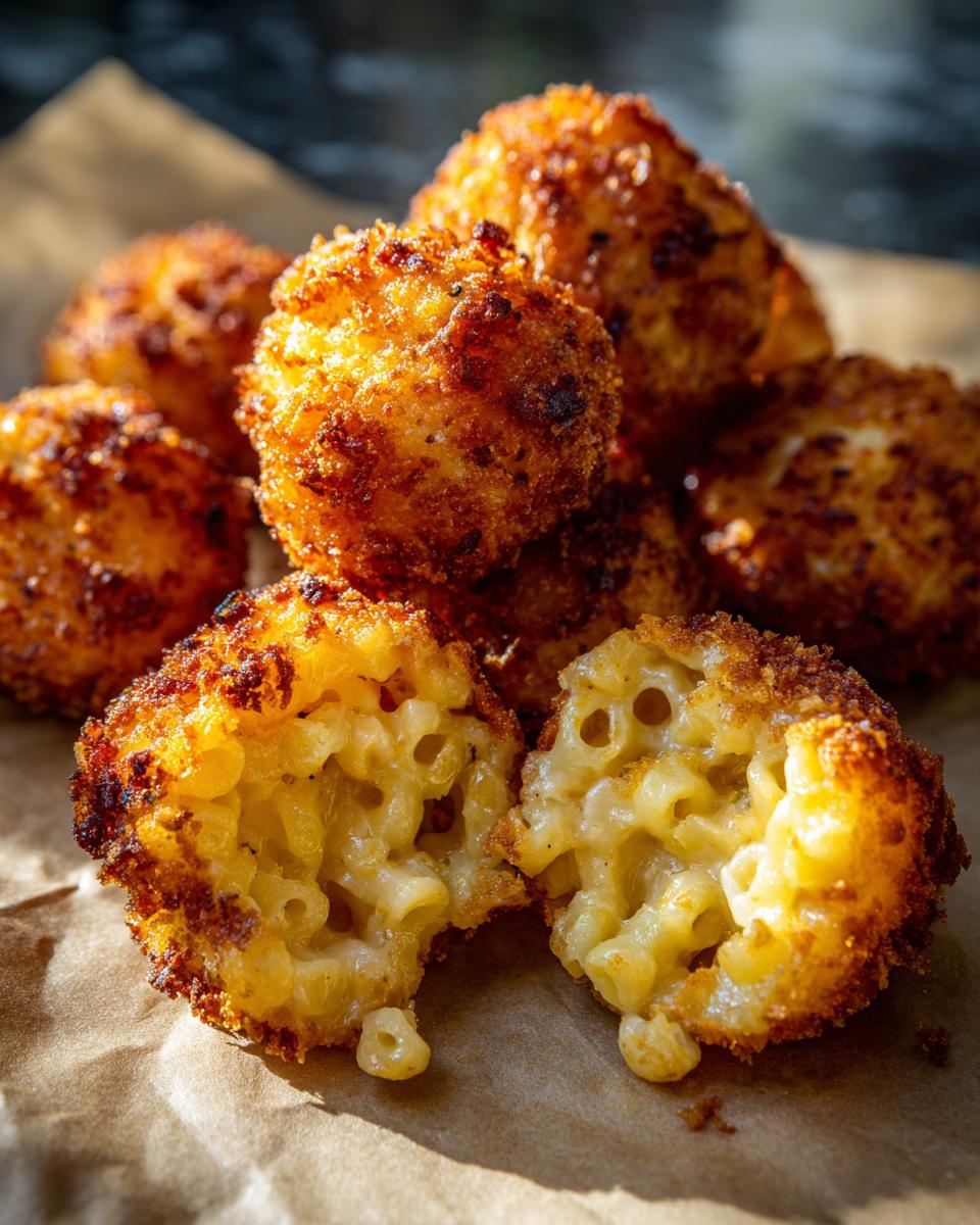 A stack of golden, crispy mac and cheese bites, one split open to show the cheesy pasta inside.