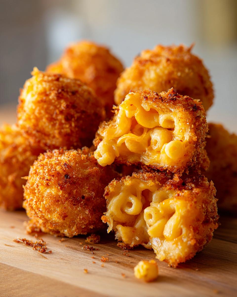 A stack of golden, crispy Mac and cheese bites, one cut open to reveal the cheesy pasta inside.