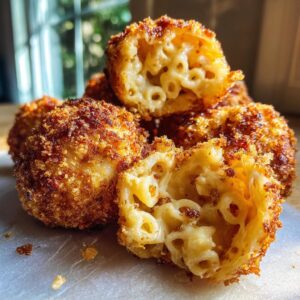 Close-up of golden, crispy Mac and cheese bites, one cut in half to show the cheesy interior.