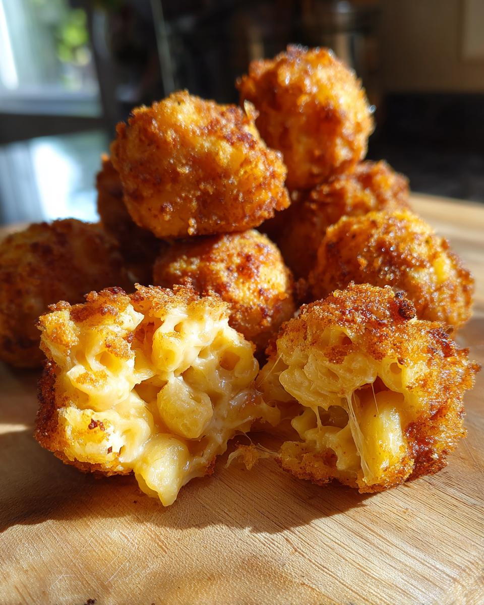 A stack of golden, crispy mac and cheese bites, one bite split open to reveal cheesy macaroni.