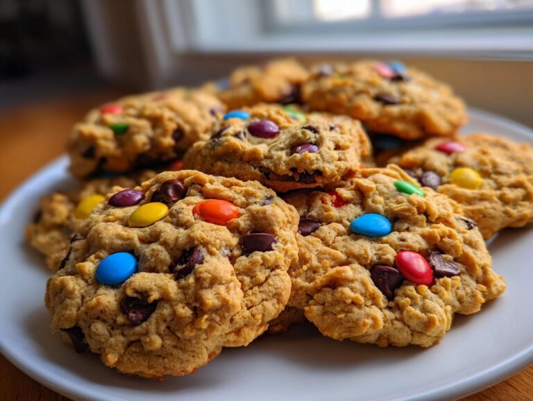 A plate of homemade monster cookies, loaded with chocolate chips and colorful candies.