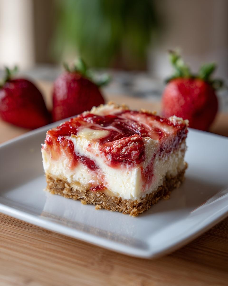A single no-bake strawberry cheesecake bar on a white plate, with fresh strawberries in the background.