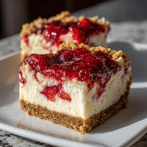Two no-bake strawberry cheesecake bars on a white plate, showing the crust, filling, and strawberry topping.