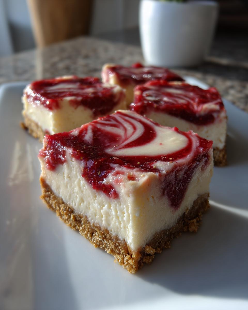 Close-up of no-bake strawberry cheesecake bars with a graham cracker crust and strawberry swirl topping.