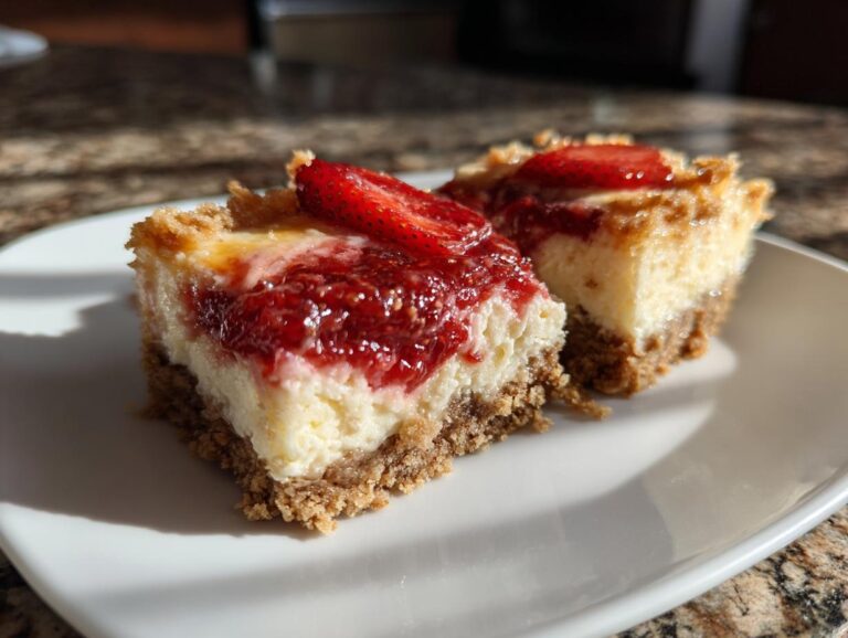 Two no-bake strawberry cheesecake bars on a white plate, showing the crust, creamy filling, and strawberry topping.