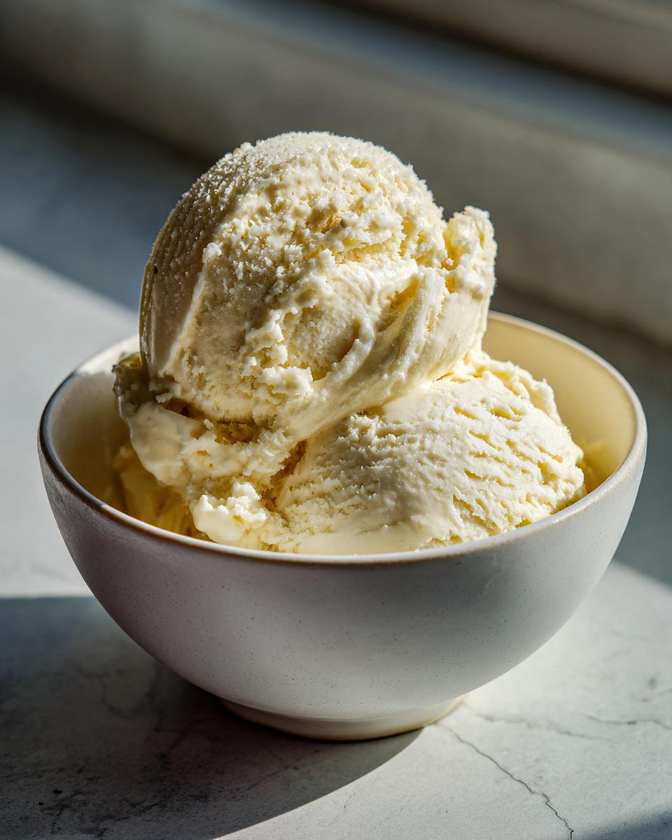 Bowl of creamy no-churn vanilla ice cream with condensed milk, illuminated by natural light.