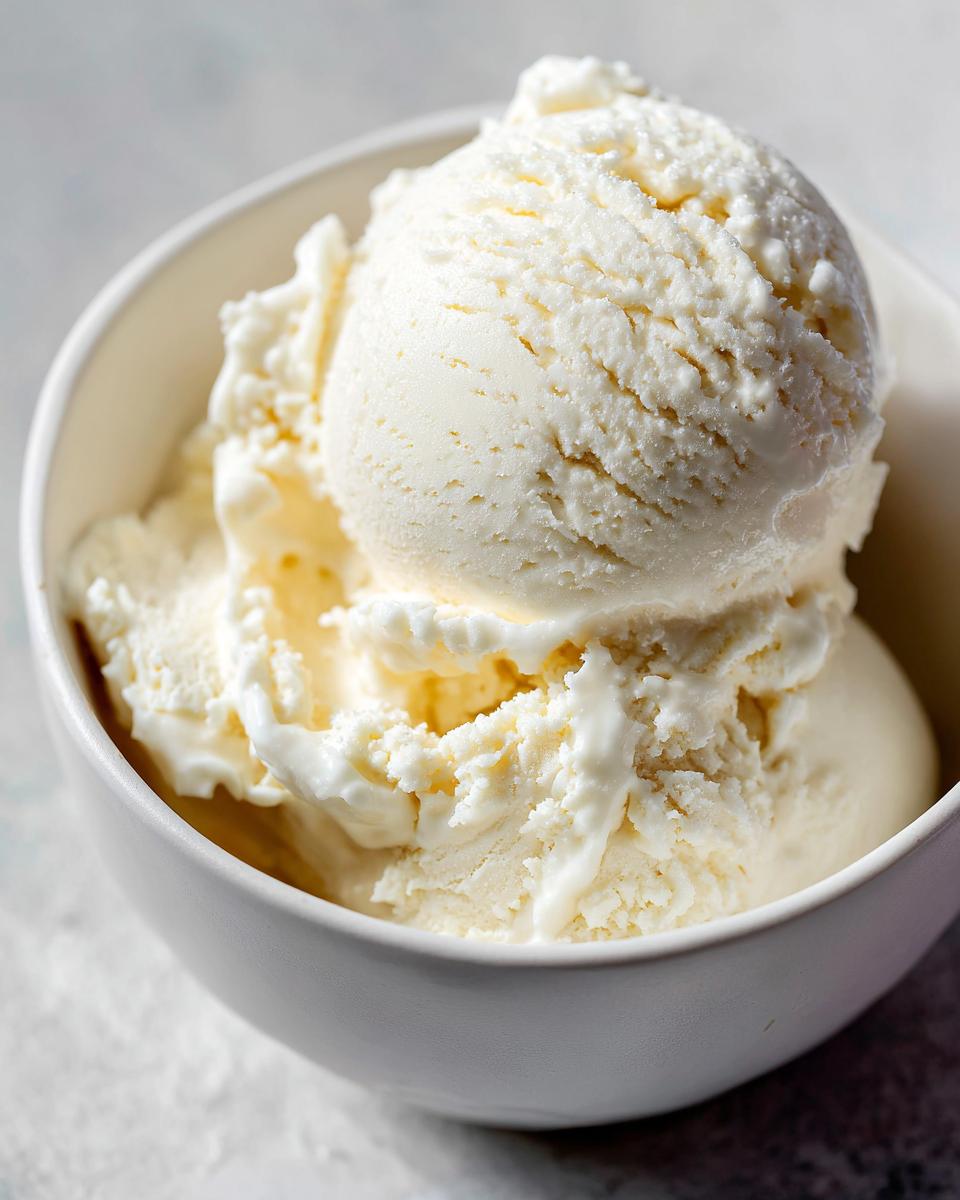 Close-up of a bowl of creamy no-churn vanilla ice cream with condensed milk.