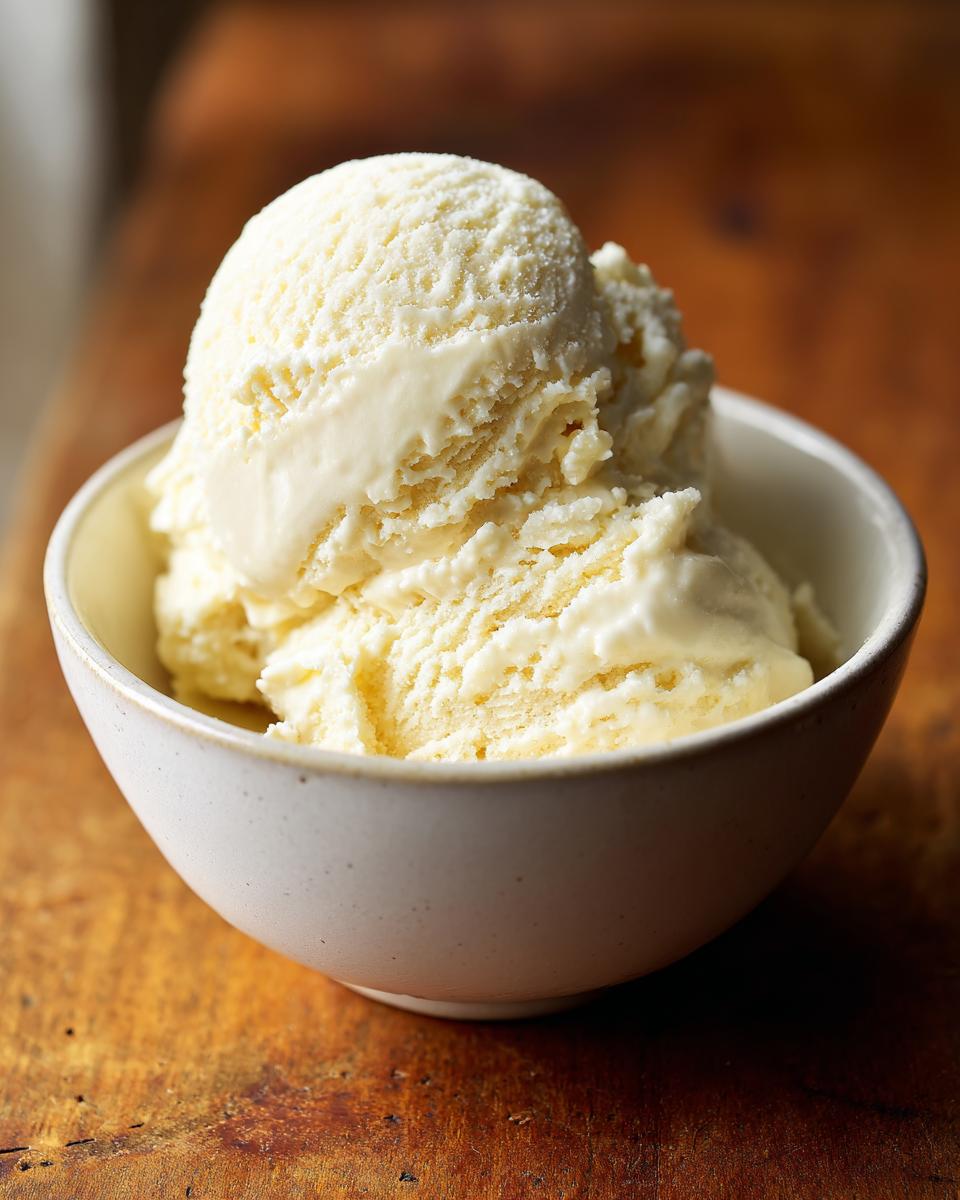 A bowl of creamy no-churn vanilla ice cream with condensed milk, showcasing its smooth texture.