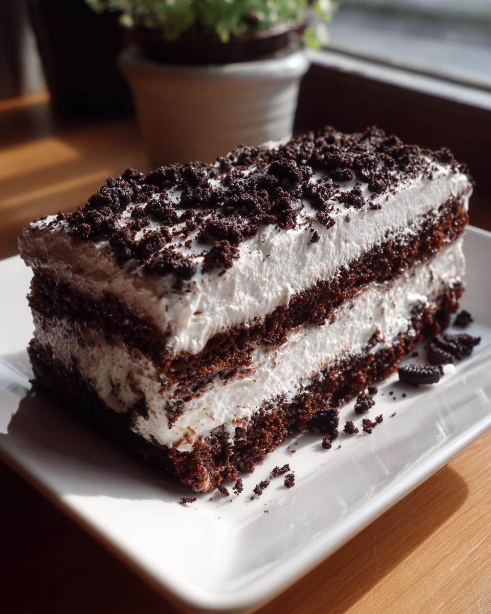 A delicious slice of Oreo icebox cake with layers of cream and crushed cookies on a white plate.