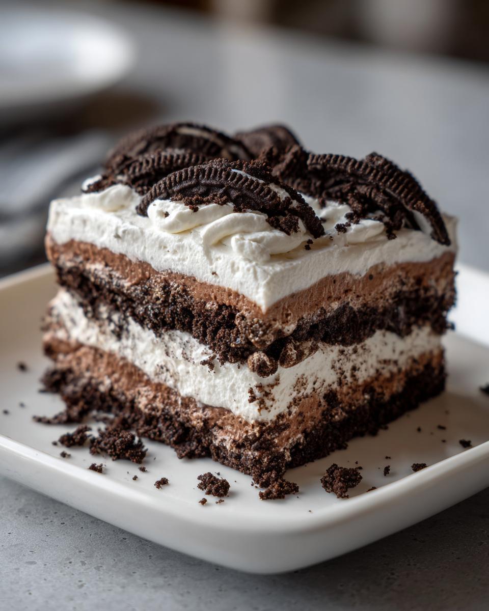 A slice of Oreo icebox cake with layers of cookies, cream, and chocolate pudding.