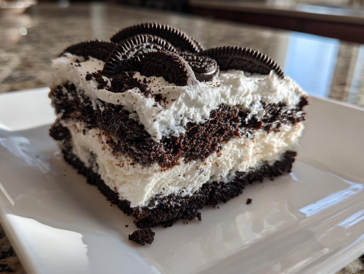 A slice of Oreo icebox cake, showcasing layers of cookies and cream, topped with Oreo cookies.