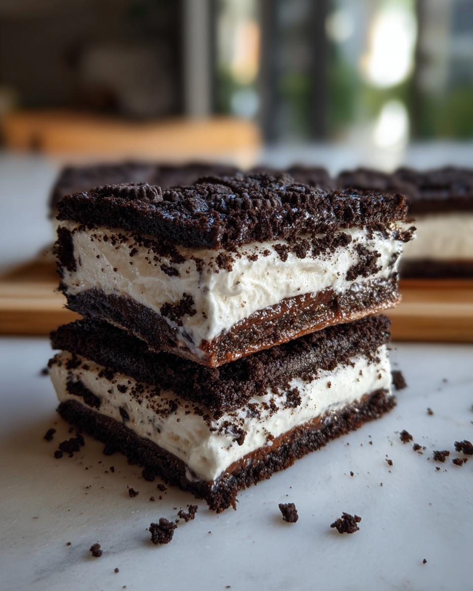 Two slices of Oreo icebox cake stacked, showing layers of Oreo crust and creamy filling.