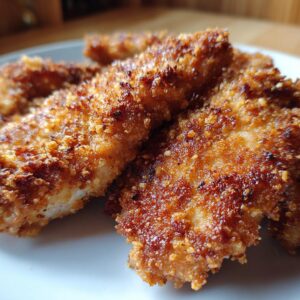 Close-up of golden brown oven‑fried crispy chicken pieces on a white plate, showcasing the crispy texture.