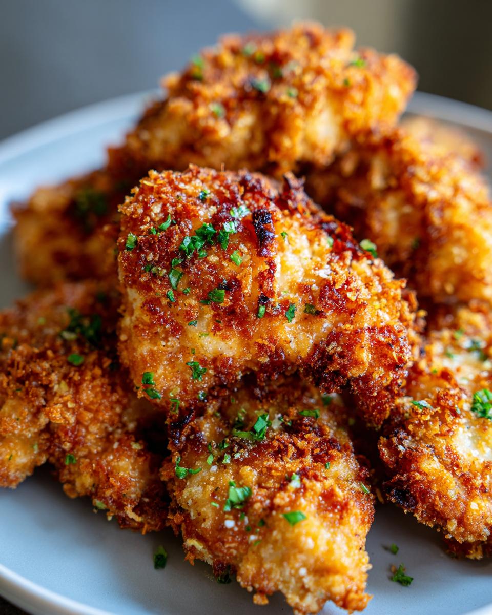 Pile of golden brown oven-fried crispy chicken tenders, garnished with parsley on a plate.